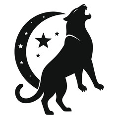 Black silhouette of a tiger howling at stars.