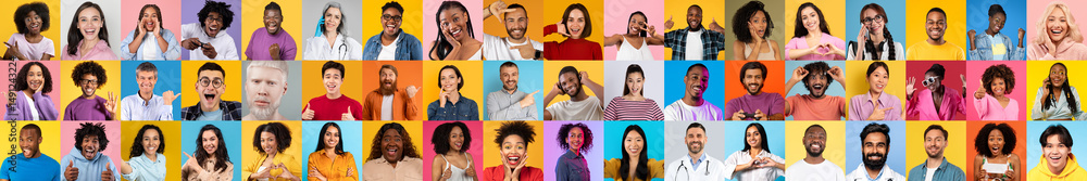 Poster This collage features a vibrant collection of faces from different backgrounds, all displaying a range of joyful expressions against colorful backdrops, celebrating diversity and connection.