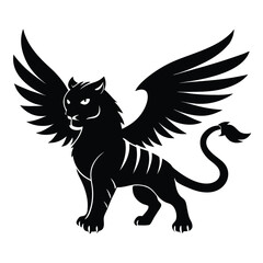 Black tiger with wings fantasy silhouette.