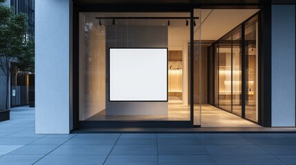 Modern Store Front with Blank Signage at Night, Mockup