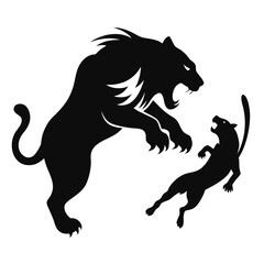 Silhouette of tiger attacking prey in mid-air.