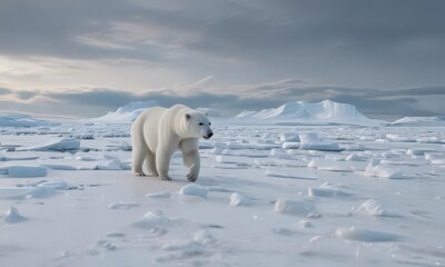 Obraz premium A ghostly white polar bear hunts on a vast expanse of sea ice , global warming, pristine