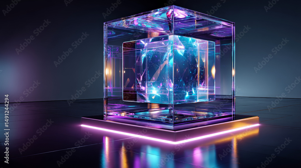 Poster 3d glass cube transparent clear stand podium display for product presentation render. crystal square