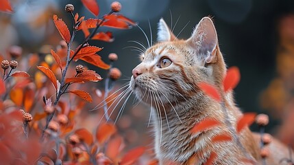 Ginger cat in autumn foliage