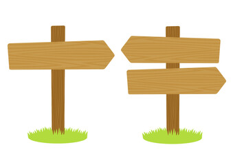 草と黄色い木の矢印の看板のイラストのセット
