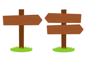 草とヴィンテージの木の矢印の看板のイラストのセット