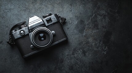 A vintage camera sits prominently on a dark, textured background.