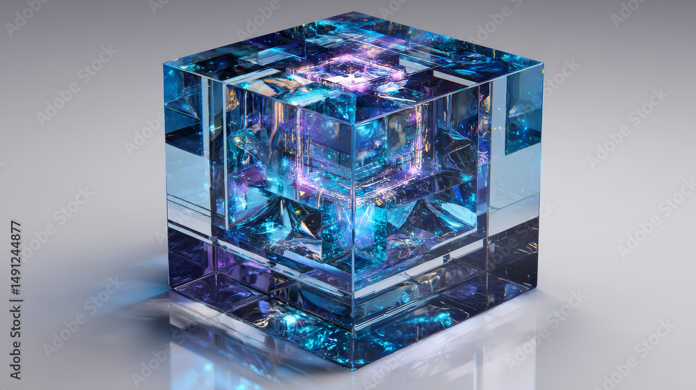 Poster glass translucent cube, crystal block with hologram gradient texture, 3d render icon. clear square b