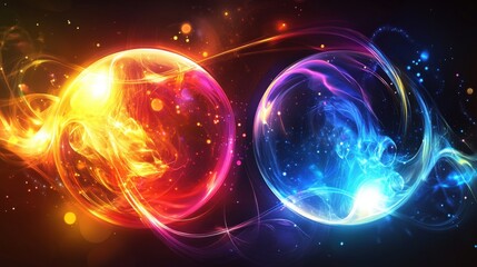 Obraz premium Two vibrant, glowing spheres, fire and ice, against a dark background.