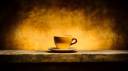 Obraz premium Warm Golden Coffee Cup on Rustic Wood Table
