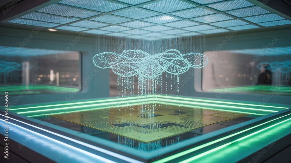 Poster shimmering mist of conductive nanoparticles descending through dynamic network of stencil clouds sus