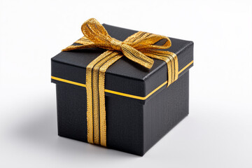 gift, black box with gold ribbon. white background