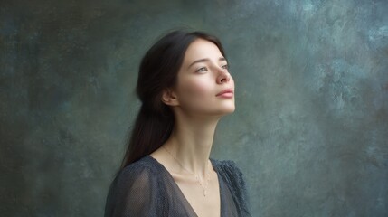 Fototapeta premium Ethereal vertical portrait of a cool beauty, softly praying with a serene smile, arty oil-paint tones and straight hair.