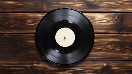 A vintage vinyl record rests on a warm wooden background.