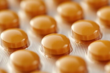 Macro photograph showing brown tablets arranged in transparent blister pack highlighting texture and shape of the medication without mentioning any brand