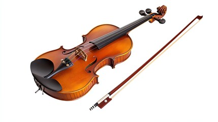 Fototapeta premium A lone violin and bow are displayed on a dark surface.