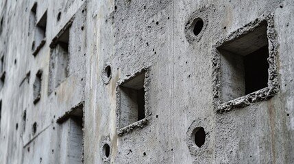 Abstract Grey Concrete Wall with Square and Round Holes, Grunge Texture Background