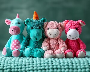 Four soft animal toys on teal background