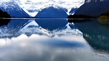 Picturesque view of tranquil lake reflecting snow covered mountain range, surrounded by forest and clear blue skies in daytime