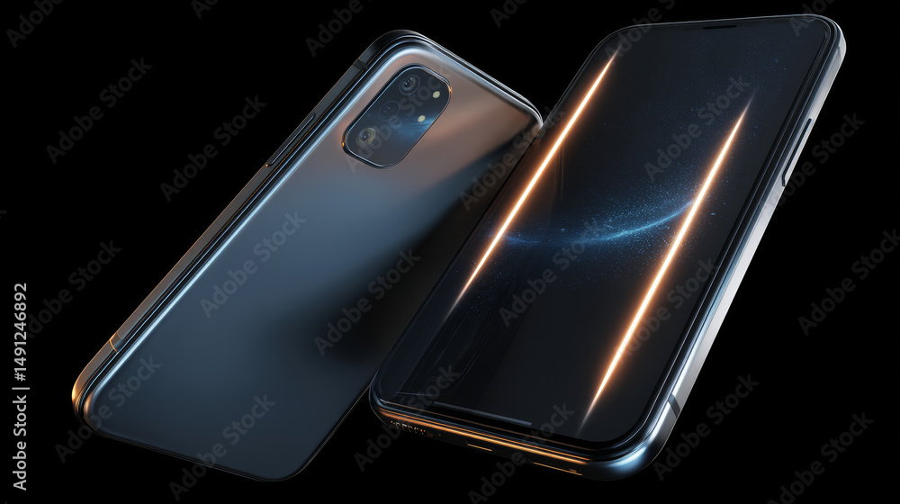 Poster smartphone back and front close up, angle view. mock up cellphone with empty neon screen isolated on
