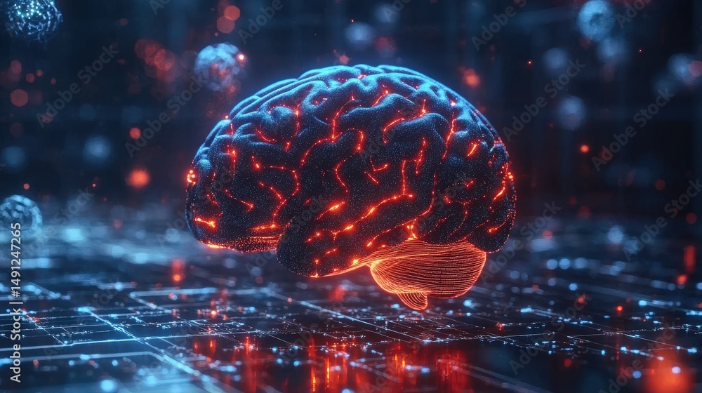 Poster digital representation of a human brain with glowing neural pathways.