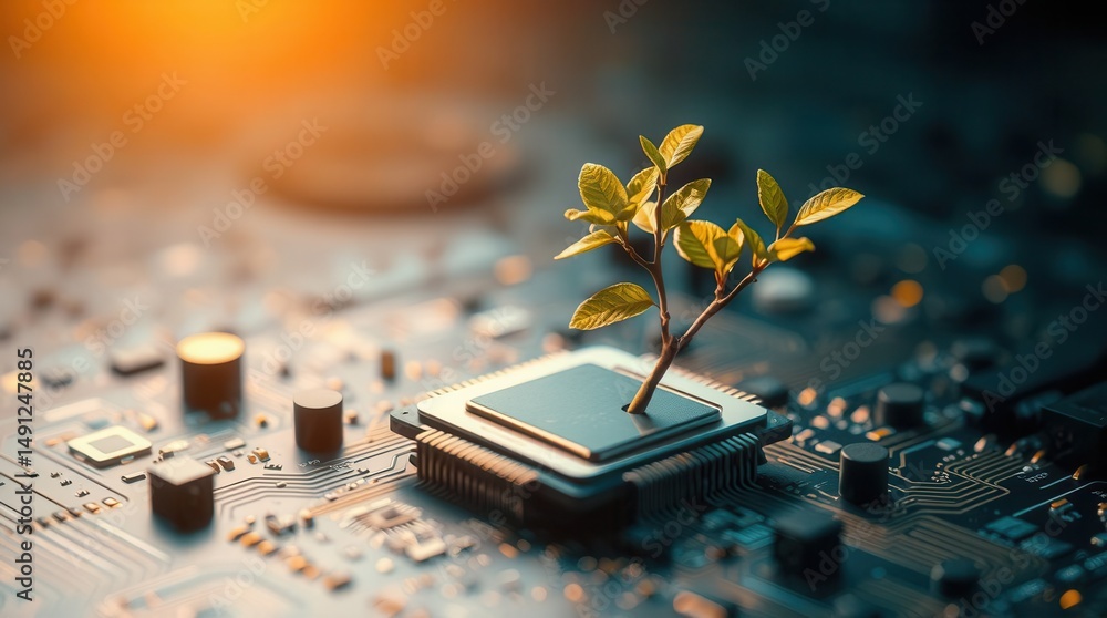 Poster technology and nature intertwined: seedling growing from a computer chip, symbolizing growth in tech