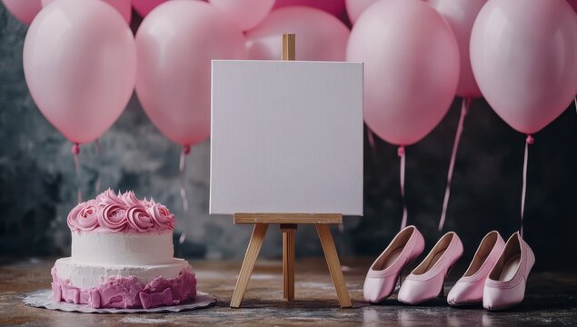 Pink Ballet Slippers, Cake, and Blank Canvas Birthday Scene - Powered by Adobe