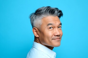 Graphic artwork of style for aging men. Blue solid background. A chic and vibrant male with effortless elegance. Elegant men's wavy fringe haircut - midlife asian man with short hair.