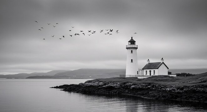 Lighthouse on a rocky coast under a cloudy sky with birds flying in formation above
