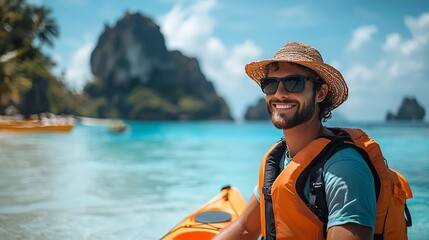 Happy man kayaking in tropical waters, surrounded by stunning islands and clear blue sea.  Sunshine and relaxation
