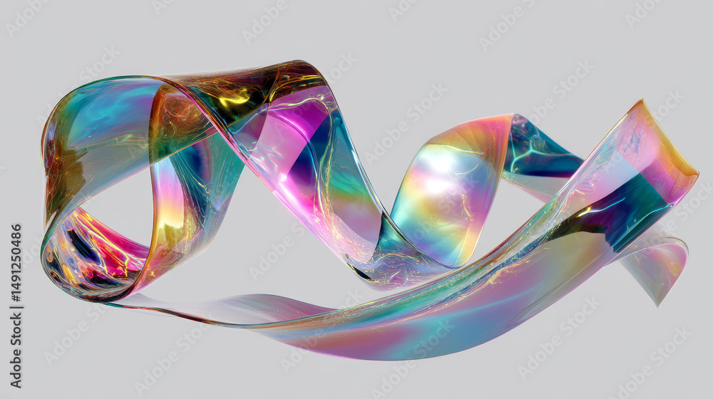 Poster 3d abstract liquid glass transparent clear ribbon wave line render. rainbow fluid flow curve shape w