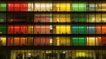 Vibrant Office Building at Night with Colorful Illuminated Windows