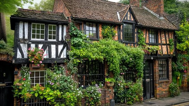 Quaint row of historic homes with gardens.