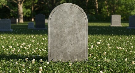 Blank gravestone standing on grass in a peaceful cemetery setting  