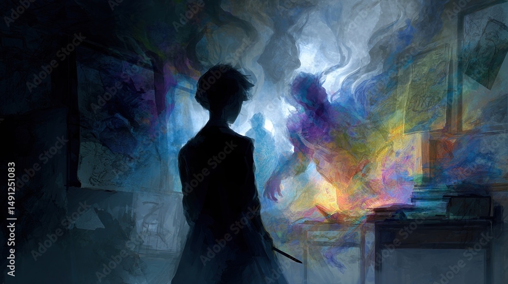 Poster young witch is casting a spell with her wand in a dark and mysterious room, confronting colorful gho
