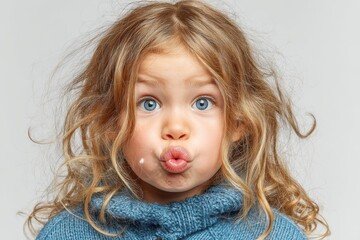 Girl blowing bubbles with playful expression, carefree moment, white background