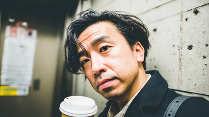 Young Japanese Salaryman with Neat Hairstyle Holding Coffee Cup in Elevator