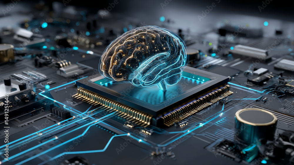 Poster processor with integration ai. ai letters on chip. cpu connected to data storage. artificial intelli