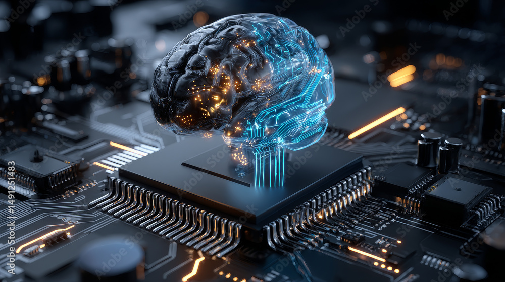 Poster processor with integration ai. ai letters on chip. cpu connected to data storage. artificial intelli