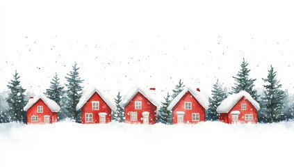 Fototapeta premium Watercolor Winter Village Red Houses in Snowy Landscape