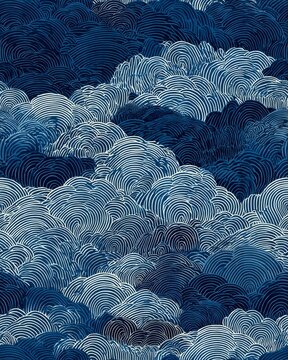 Vintage Japanese ocean wave pattern in deep indigo and ivory with traditional brushstroke texture