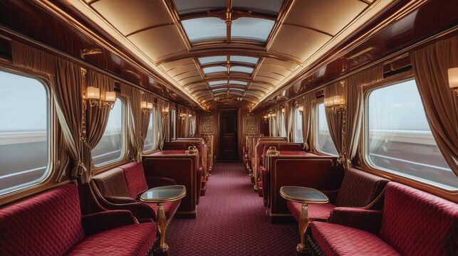 Luxury Train Interior: Red Velvet Seating, Gold Accents, and Elegant Design