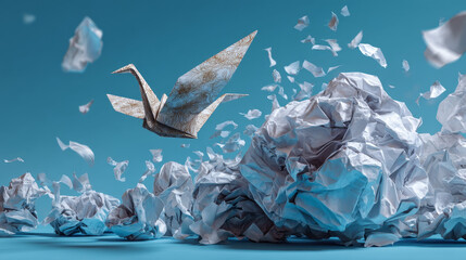 Concept of new idea and creative thinking as a symbol of innovation and inspiration metaphor as a group of crumpled papers with one different paper transforming into an origami bird in flight. 