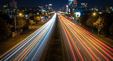 Fototapeta premium Long exposure of traffic lights on a city highway at night creating vibrant light trails