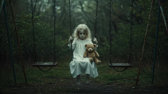 Eerie Misty Forest with Pale Girl on Rusty Swing Set