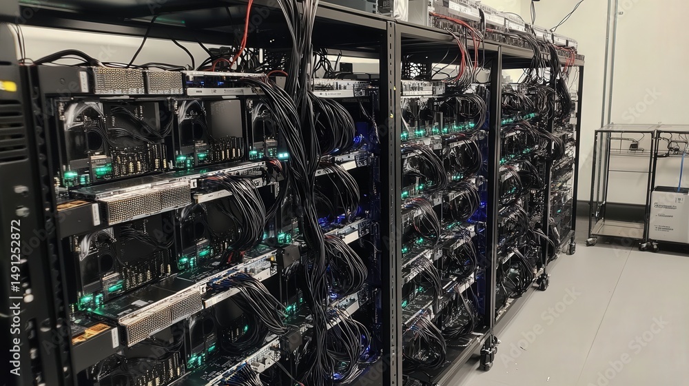 Aufkleber massive server racks with complex wiring in a data center.