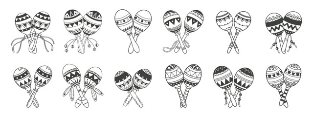 Obraz premium Collection of hand drawn maracas, mexican culture. Maracas icon set. Latin American percussion instruments. Sketch.