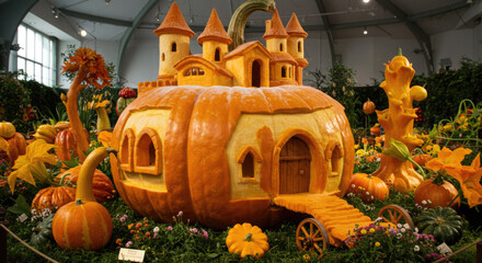 Obraz premium Intricate pumpkin castle sculpture in festive autumn harvest display