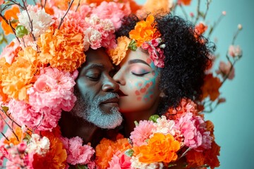 Valentine's day, affectionate couple: remarkable vivid image of loving interracial midlife lovers. Sign of love and affection. Commercial promotion conceptual art. Couple shopping. Fun couple.