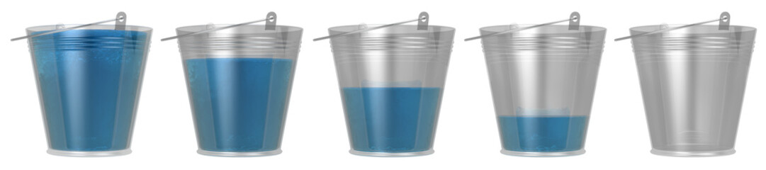 3D illustration of five metal buckets with decreasing water levels, symbolizing stages or progress. Transparent design on white background.